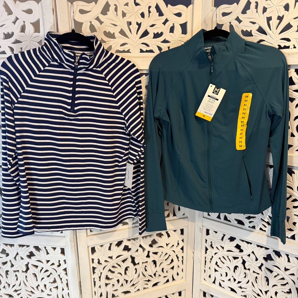 2 Quarter zips Woman size Medium Green and Black and white Striped Active